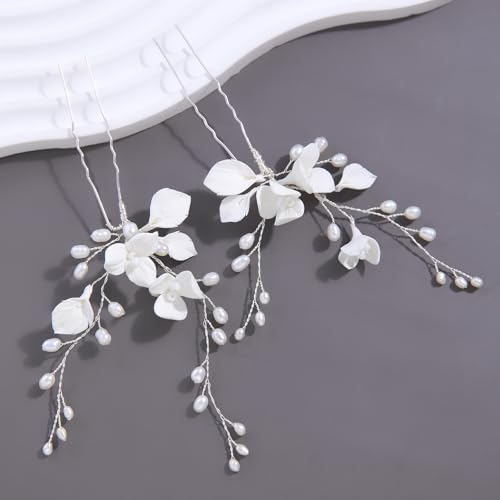 Handmade White 3D Pinch Flower Bridal Hair Pins Freshwater Pearls Wedding Bridal Hair Accessories for Bridesmaids Women and Girls