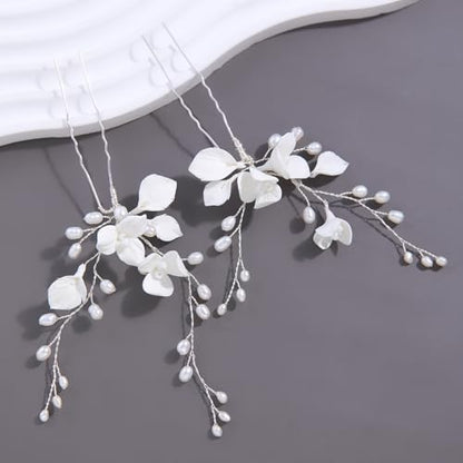 Handmade White 3D Pinch Flower Bridal Hair Pins Freshwater Pearls Wedding Bridal Hair Accessories for Bridesmaids Women and Girls