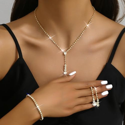 MIFYNN Rhinestone Wedding Set for Women Sparkle Crystal Earrings Necklace Bracelet Jewelry Set Wedding Party Prom Jewelry Set for Brides Bridesmaid - color: Gold