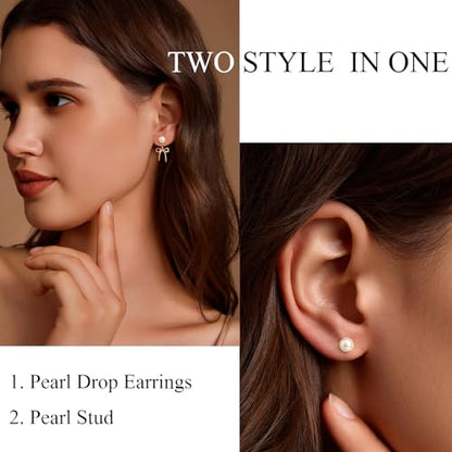 Pearl Earrings for Women 14k Gold/Silver Pearl Drop Earrings Long White Pearl Tassel Dangle Statement Earrings Bridal Wedding Dainty Prom Earrings Birthday Gifts Jewelry - color: Gold Bow Pearl Earrings