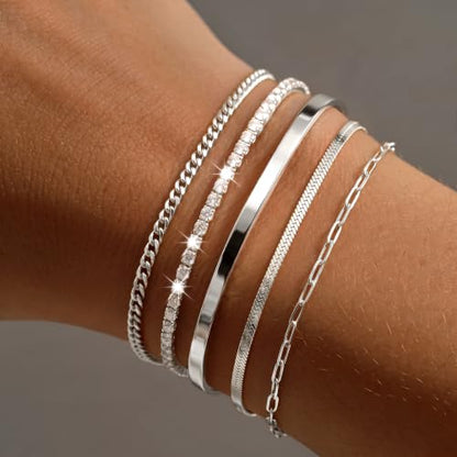 Dainty Gold Bracelet for Women Trendy Non Tarnish, Thin Bracelets Stackable Set with Bangle Cuff, Box, Herringbone, Paperclip, Figaro, Sparkling Link Chains Waterproof, Simple Jewelry Gifts for Women - color: Silver-tennis/cuban/bangle/paperclip/snake