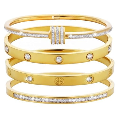 Gold Bangles for Women, 4 Pcs 18K Gold Plated Stainless Steel Stackable Bangle Bracelets, Non Tarnish CZ Bangles Set, Trendy Jewelry Gifts for Women - color: Gold