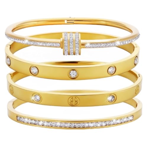Gold Bangles for Women, 4 Pcs 18K Gold Plated Stainless Steel Stackable Bangle Bracelets, Non Tarnish CZ Bangles Set, Trendy Jewelry Gifts for Women - color: Gold