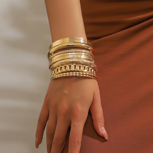 Gold Bangle Bracelets for Women, 14k Gold Plated Multi Layer Textured Stackable Open Bracelet Set Boho Indian Bangles Stackable Set Trendy Elegance Charms Non Tarnish Minimalist Bangle Pack - style: Gold 10Pcs