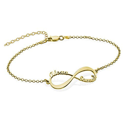 Personalized Infinity Bracelet - Choose Your Style - Sterling Silver, Solid Gold or Plated - Rolo Chain - color: 18K Gold Plated Silver, size: 2 Names Bracelet