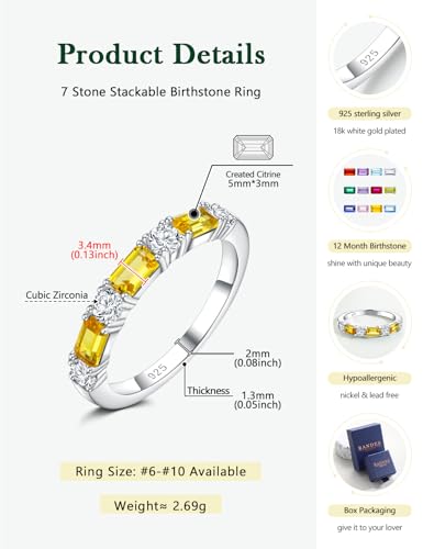 3.5mm Half Eternity Band Sterling Silver Rings for Women Sapphire/Ruby/Emerald and Cz Wedding Bands 7 Stone Stackable Birthstone Ring Anniversary Jewelry Size 6-10 - color: 11-Citrine-Nov.