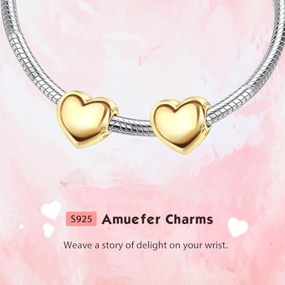 S925 Bead Pendant Charms for Bracelets Necklaces, Compatible with Pandora, Jewelry Making DIY - style: 2 PCS Small 14K Gold Plated Heart Spacers