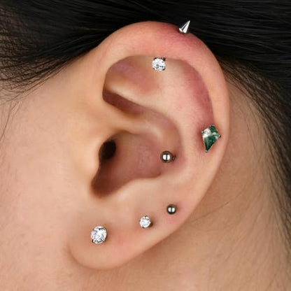 1PC ASTM F136 Titanium Push Pin Moss Agate Stone Flat Back Earrings 16G 8mm for Helix Conch Tragus - color: Rhombus-Tit