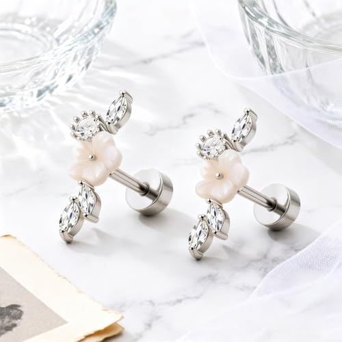 Stainless Steel Flower Pearl CZ Ear Crawler Earrings for Women, 1 Pair 16G Mother of Pearl Cubic Zirconia Screw Back Flat Back Stud Earrings, Dainty Sparkly Hypoallergenic Jewelry for Sensitive Ears - color: Silver