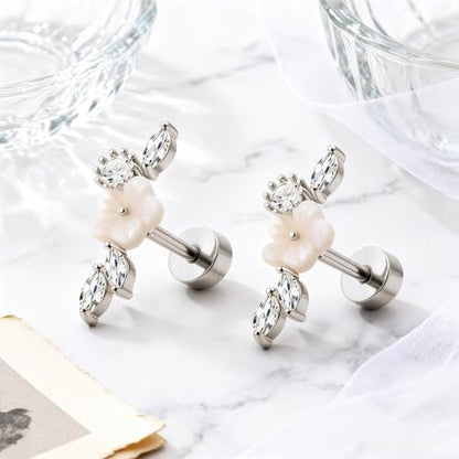 Stainless Steel Flower Pearl CZ Ear Crawler Earrings for Women, 1 Pair 16G Mother of Pearl Cubic Zirconia Screw Back Flat Back Stud Earrings, Dainty Sparkly Hypoallergenic Jewelry for Sensitive Ears - color: Gold
