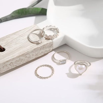 5Pcs Silver Plated Rings Set Female Pearl Heart Pearl Beads Joint Knuckle Rings Dainty Twist Midi Tail Finger Rings Y2k Heart Rings Dainty Faux Pearl Stackable Rings Sets Valentine's Day Xmas Gift - color: 5pcs silver set