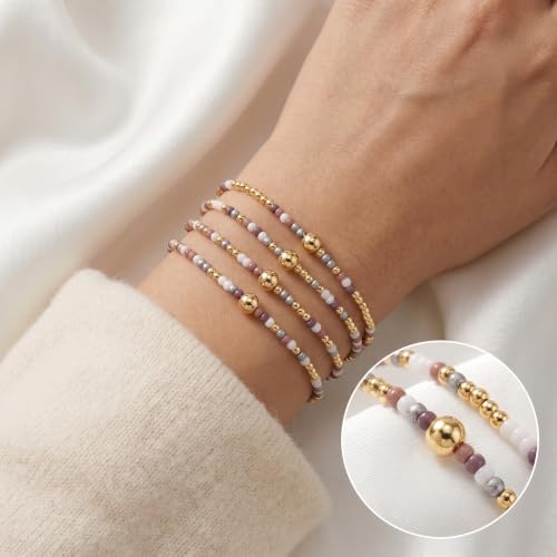 Seed Beaded Stack Bracelets Set for Women,Small Boho 4Pcs Colorful Handmade Dainty Trendy Gold Stretch Accessories Jewelry, Summer Daily Party Friendship Gift - color: Purple Gray