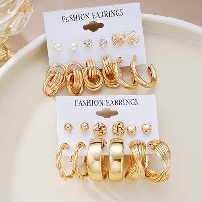 12 Pairs Chunky Gold Hoop Earrings for Women Trendy, Gold Plated Lightweight Hypoallergenic Stack, Thick Open Twisted Huggie Hoops Earring Set - color: 12 Pairs Gold CZ Dainty