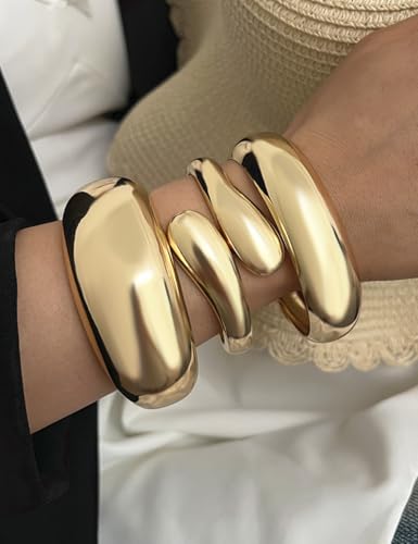 Chunky Gold Bangle Bracelets for Women, Dainty 14k Gold Plated Big Stackable Bangles Set, Trendy Statement Cuff Bracelet Stack Fashion Jewelry Gifts - style: 3 Big chunky bangles