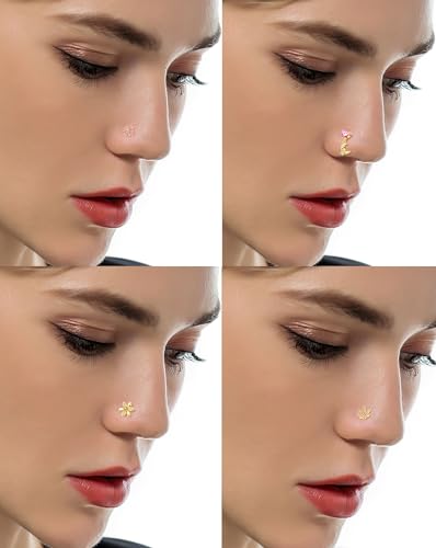 Tornito 16Pcs Nose Rings L Shaped Nose Stud Stainless Steel Butterfly Flower Leaf Heart Moon Dangle Nose Stud Ring Body Piercing Jewelry for Women Men 20G Pink Blue Clear CZ - color: D: Pink Gold
