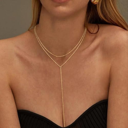 Lariat Gold Necklace for Women, Dainty Long Necklaces 14k Gold Plated Y-Shaped Layered Drop Necklaces for Women Trendy Simple Gold Jewelry for Prom Vacation Gifts - color: Layered Satellite Chain-Gold