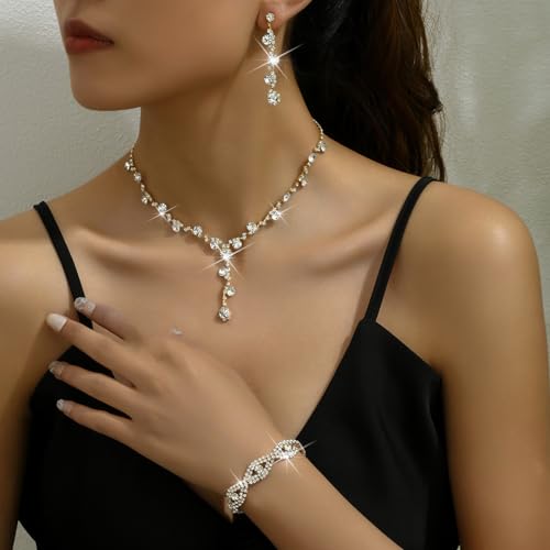 Prom Earrings Necklace Bracelet Set Elegant Crystal Rhinestone Necklace Earrings Bracelet Bridal Wedding Prom Dresses Costume Outfit Gold Jewelry Sets for Women - color: Gold B
