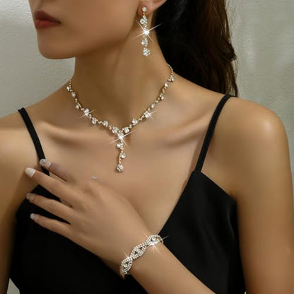 Prom Earrings Necklace Bracelet Set Elegant Crystal Rhinestone Necklace Earrings Bracelet Bridal Wedding Prom Dresses Costume Outfit Gold Jewelry Sets for Women - color: Gold B