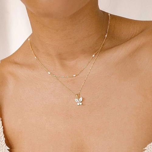 Dainty Choker Necklace for Women 18K Gold Plated Shining Dots Box Chain Sparkle Necklaces Cute Paperclip Link Herringbone Necklace Exquisite Jewelry Gifts for Mom Girlfriend - style: Z/Layered Pearl Butterfly