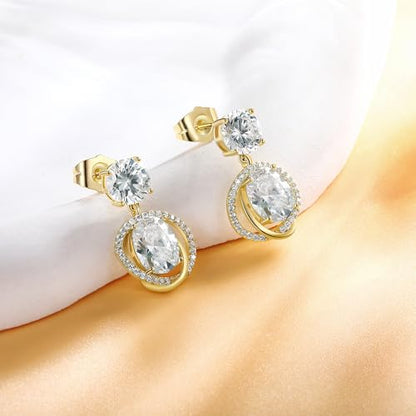 Gemsme Bridal Wedding Earrings for Brides Bridesmaides, 925 Sterling Silver Posts hypoallergenic Cubic Zirconia stud,Drop & Dangle Earrings for Women Jewelry Gifts - color: Gold - Round Drop Earrings