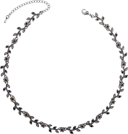 Austrian Crystal Rhinestone Choker Necklace Elegant Flower Leaf Chain Necklace Jewelry for Party Prom Costume Accessories for Women - color: Black Diamond-Jet