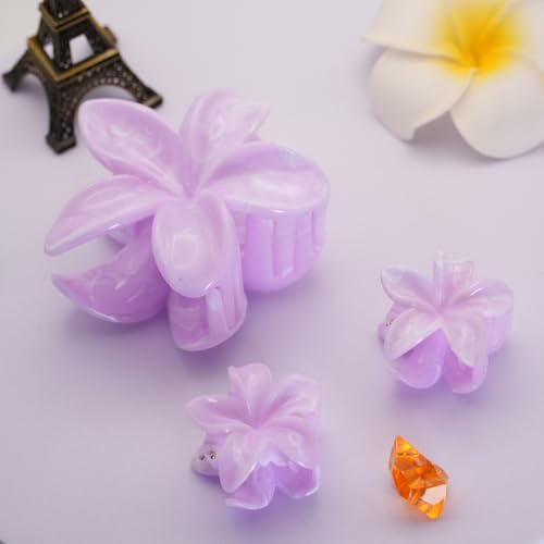 Flower Hair Clips for Women Girls Claw Clips Light Purple Plumeria with Marble Design Barrettes Summer Hair Clip Fashion Hair Styling Accessories for Thick Thin Hair(3Pcs: 1 Large 2 Small) - color: Light Purple