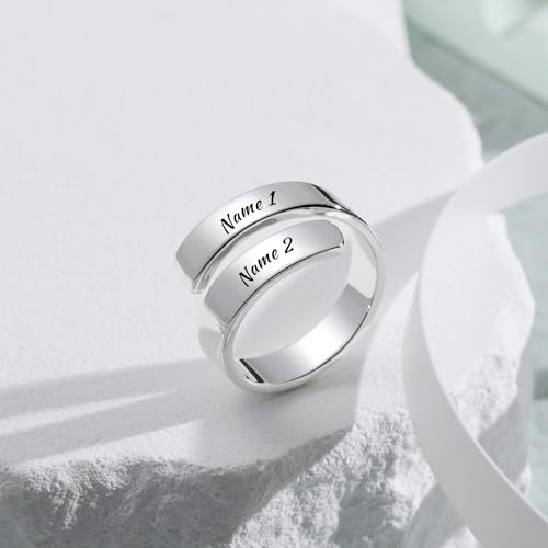 INBLUE Personalized 925 Sterling Silver Spiral Twist Ring for Women Customized Engraving Name/Date with Birthstones Adjustable Open Wrap Band Promise Ring Gift for Wedding Engagement - color: Text