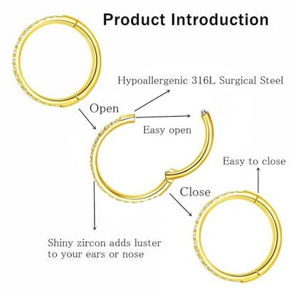 ORANGELOVE 20G 18G 16G Clear CZ Nose Ring Hoop 316L Surgical Steel Seamless Silver Septum Ring Clicker Jewelry Cartilage Earring Ear Piercing Hoop Earrings for Women Men Helix Rook Lobe Conch Tragus Daith Lip Hinged Piercing Jewelry with Cubic Zirconia -