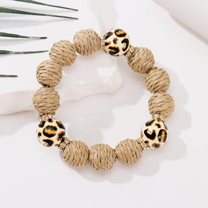 Coiris Rattan Raffia Woven Adjustable Boho Bracelet for Women | Handmade Bracelets Stretch Bracelet - color: Leopard Print