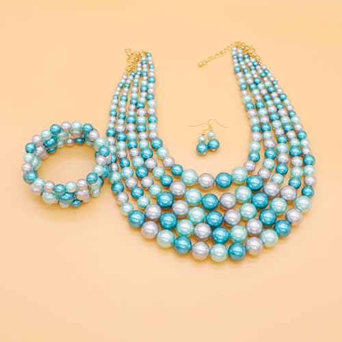 Faux Big Pearl Srand Necklaces for Women 5 Layers Pearls Choker Bib Collar Necklace Bracelet and Earrings set 1920s Costume Pearl Jewelry Bridal Wedding - color: colorful blue