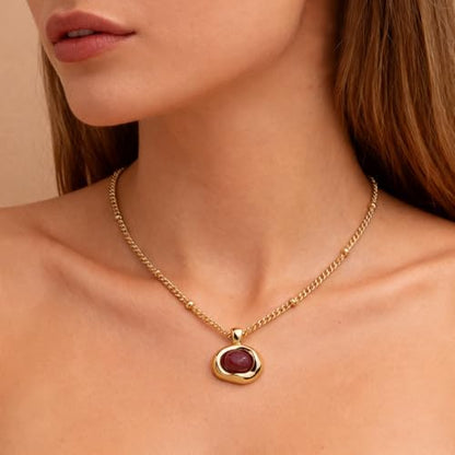 Jean Beau Gold Stone Pendant Necklaces for Women, Chunky Gemstone Dangle Necklace Wedding Prom Fashion Jewelry Gift - color: Garnet