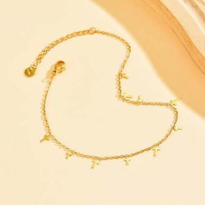 18K Gold Plated Ankle Bracelets for Women Stainless Steel Anklet with Star Cross Disc Coin Teardrop Charms Waterproof Thin Chain Ankle Jewelry Gift for Her - style: Cross-Gold