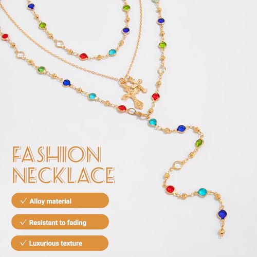 Layered Cross Necklace Set for Women, Layered Choker Necklaces Trendy Jewelry, Colorful Enamel Beaded Y-Shaped Lariat Necklace, Boho Multilayer Cross Necklace for Party and Daily Wear - color: Gold-13