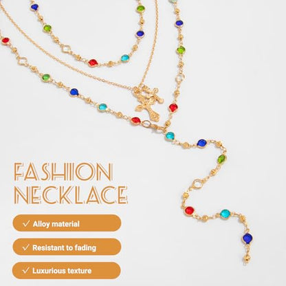 Layered Cross Necklace Set for Women, Layered Choker Necklaces Trendy Jewelry, Colorful Enamel Beaded Y-Shaped Lariat Necklace, Boho Multilayer Cross Necklace for Party and Daily Wear - color: Gold-13