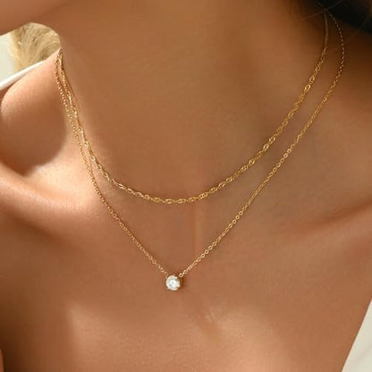 Cubic Zirconia Necklaces for Women 18K Gold Plated Tear drop Necklace Dainty Layered CZ Lariat Diamond Necklace - color: Layered CZ-Gold