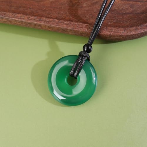 FANASY Natural Gemstone Pendant Necklce Lucky Coin Crystal Necklace Protection Donut Pendnat with Adjustable Rope for Men Women - color: Geen Chalcedony