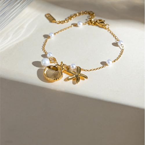 Dainty Shell Starfish Bracelet Anklet Charm Pearl Beads Seashell Gold-Tone Plated Stainless Steel Boho Anklet Foot Jewelry for Women Fashion boho Summer Beach Accessories Eternity Gift Valentine's Day