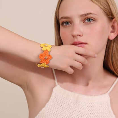 RUOFFETA Raffia Flower Cuff Bracelet for Women, Floral Chunky Bangle Wide Open Cuff Statement Bracelet - color: Orange Ombre