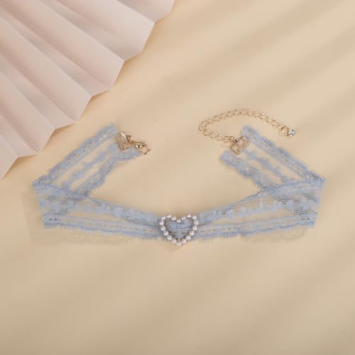 Vintage Lace Bowknot Choker Lace Pattern Collar Choker Gothic Bow-knot Neckchain Dainty Bow-knot Collar Necklace Halloween Costume Necklace for Women (blue)