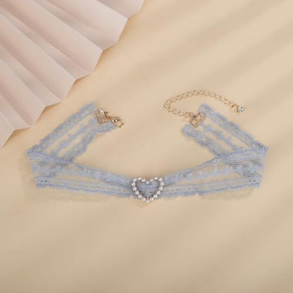 Vintage Lace Bowknot Choker Lace Pattern Collar Choker Gothic Bow-knot Neckchain Dainty Bow-knot Collar Necklace Halloween Costume Necklace for Women (blue)