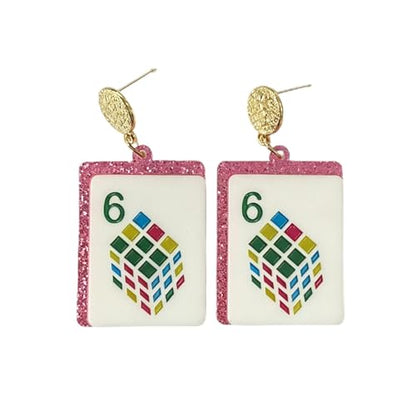 Mahjong Earrings Funny Acrylic Geometric Chinese Mahjong Tile Earrings for Women Mahjong Lovers Jewelry - color: Cube 6