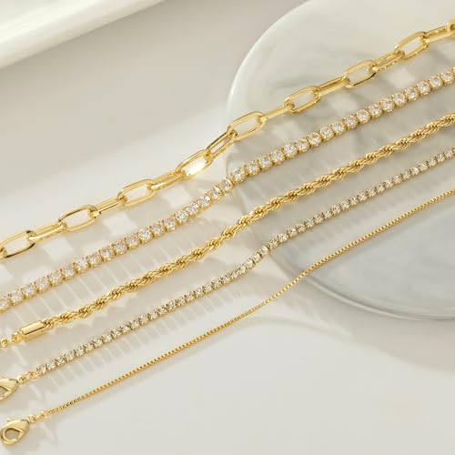 Gold Bracelets for Women 14K Gold Plated Stack Trend Bracelets Charm Paperclip Chain Cuban Link Layered Waterproof Bracelet Dainty Bracelet for Women Jewelry Gifts - color: Gold 5Pcs