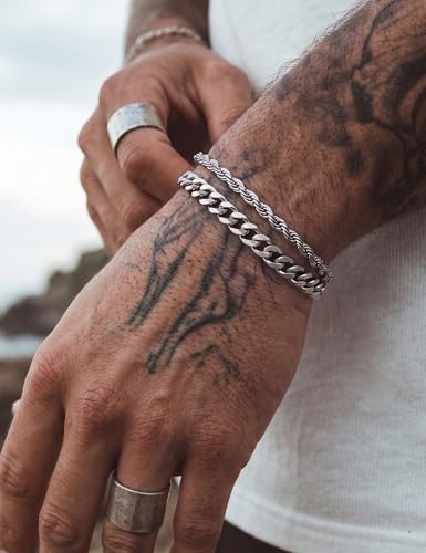 Silver Bracelet Set for Men, Figaro and Cable Link Chain | Stainless steel Figaro and cable link bracelets for stacking, daily wear, and gifts - color: Style2-7 inch