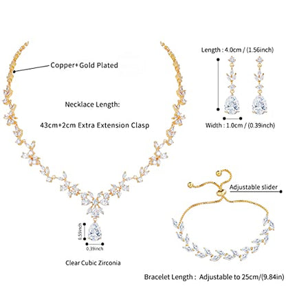 Bridal Wedding Jewelry CZ Set Marquise Teardrop Cubic Zirconia Pendant Necklace and Dangle Earring Bracelet Sets for Women - color: Gold plated