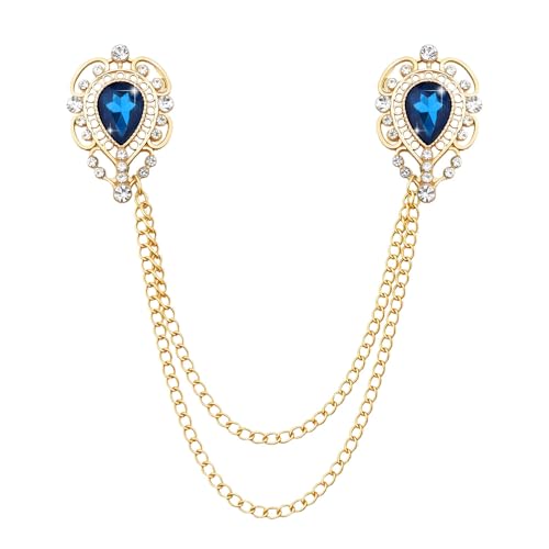 Teardrop Rhinestone Brooch Mens Lapel Pins for Shirt Collar Hanging Chain Brooch Suit Pin Crystal Rhinestone Lapel Pins for Men - color: Peacock Blue