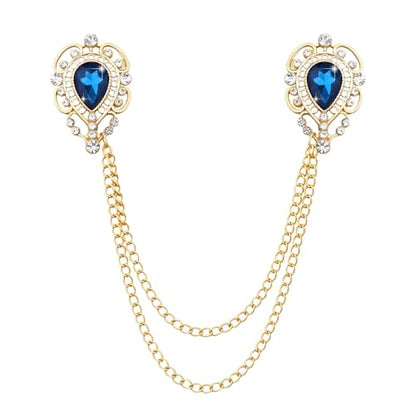 Teardrop Rhinestone Brooch Mens Lapel Pins for Shirt Collar Hanging Chain Brooch Suit Pin Crystal Rhinestone Lapel Pins for Men - color: Peacock Blue