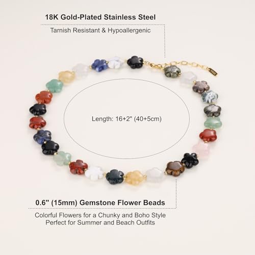 COAI Chunky Colorful Necklace for Women, Summer Beach Jewelry Crystal Flower Necklace for Women, Multi-Gemstones Sodalite Red Jasper Chunky Choker - style: Colorful Beaded Necklace
