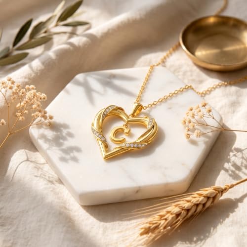 Midari 18K Gold Initial Letter Necklace for Women 18K Gold Initial Heart Capital Monogram Necklace for Mom Wife Alphabets from A-Z - color: C