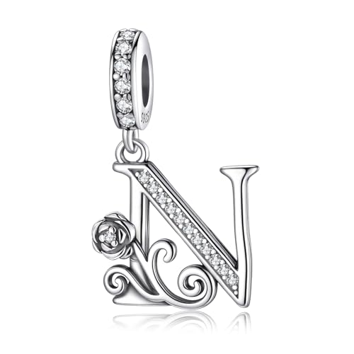 HappyStar 925 Sterling Silver Letter Charms for Bracelets Rose Alphabet Initial Dangle Pendants Fit for Pandora Charms Bracelet Charms Beads Jewelry Gifts for Women - color: Alphabet N