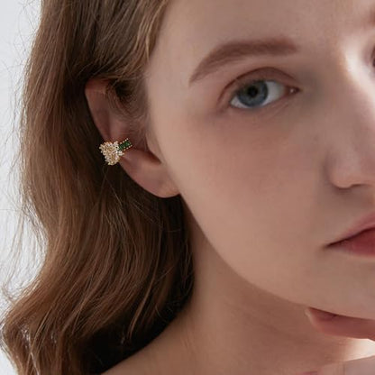 Gold Ear Cuff Earring for Women 14K Gold Plated Cubic Zirconia Non-Pierced Clip on Cartilage Chunky Ear Cuffs Hypoallergenic Jewelry - style: flower